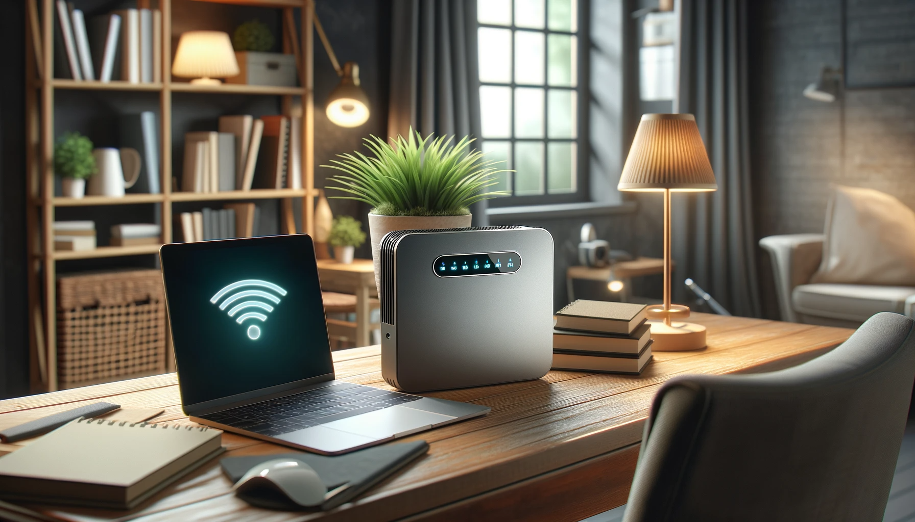 DALL·E 2024-01-16 14.16.32 - A home office with a Wi-Fi booster on a desk, next to a laptop and a potted plant. The Wi-Fi booster is sleek and modern, with LED indicators showing → 123NET
