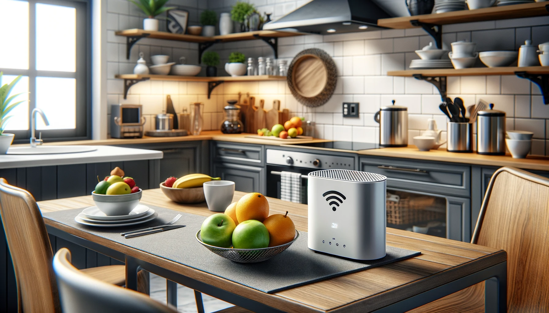 DALL·E 2024-01-16 14.16.37 - A modern kitchen with a Wi-Fi booster placed on the countertop, next to a fruit bowl and a coffee maker. The booster is compact and blends in with the → 123NET