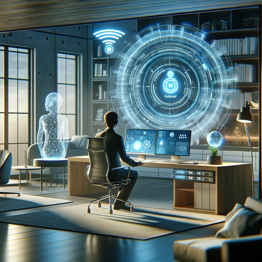 DALL·E 2024-01-21 14.59.16 - A futuristic home office with advanced AI-powered home internet technologies. The setting includes a holographic computer display, a high-speed wirele → 123NET