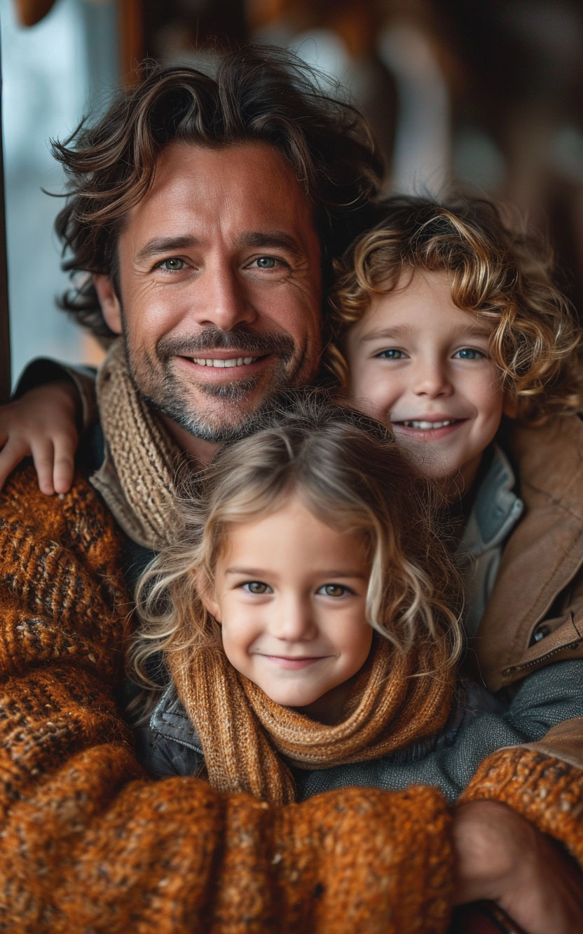 A father and his two children, a boy and a girl, sitting together on a couch, smiling and enjoying a television show.