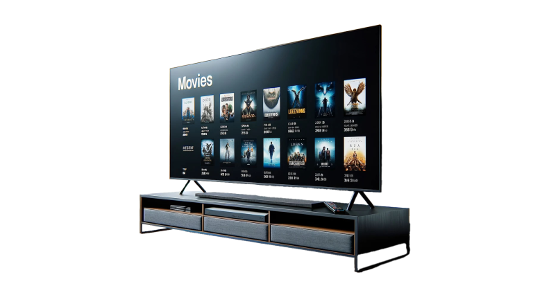 A flat-screen TV on a modern stand, isolated against a transparent background, emphasizing the sleek design and minimalistic style.