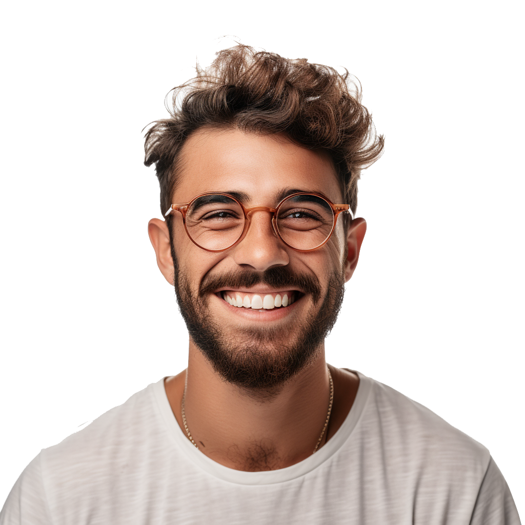 A man wearing glasses, smiling gently, posed against a plain white background.