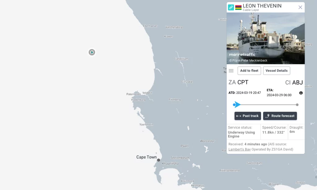 The Léon Thévenin’s location as of 08:10 on Wednesday, 20 March 2024. Source: marinetraffic.com