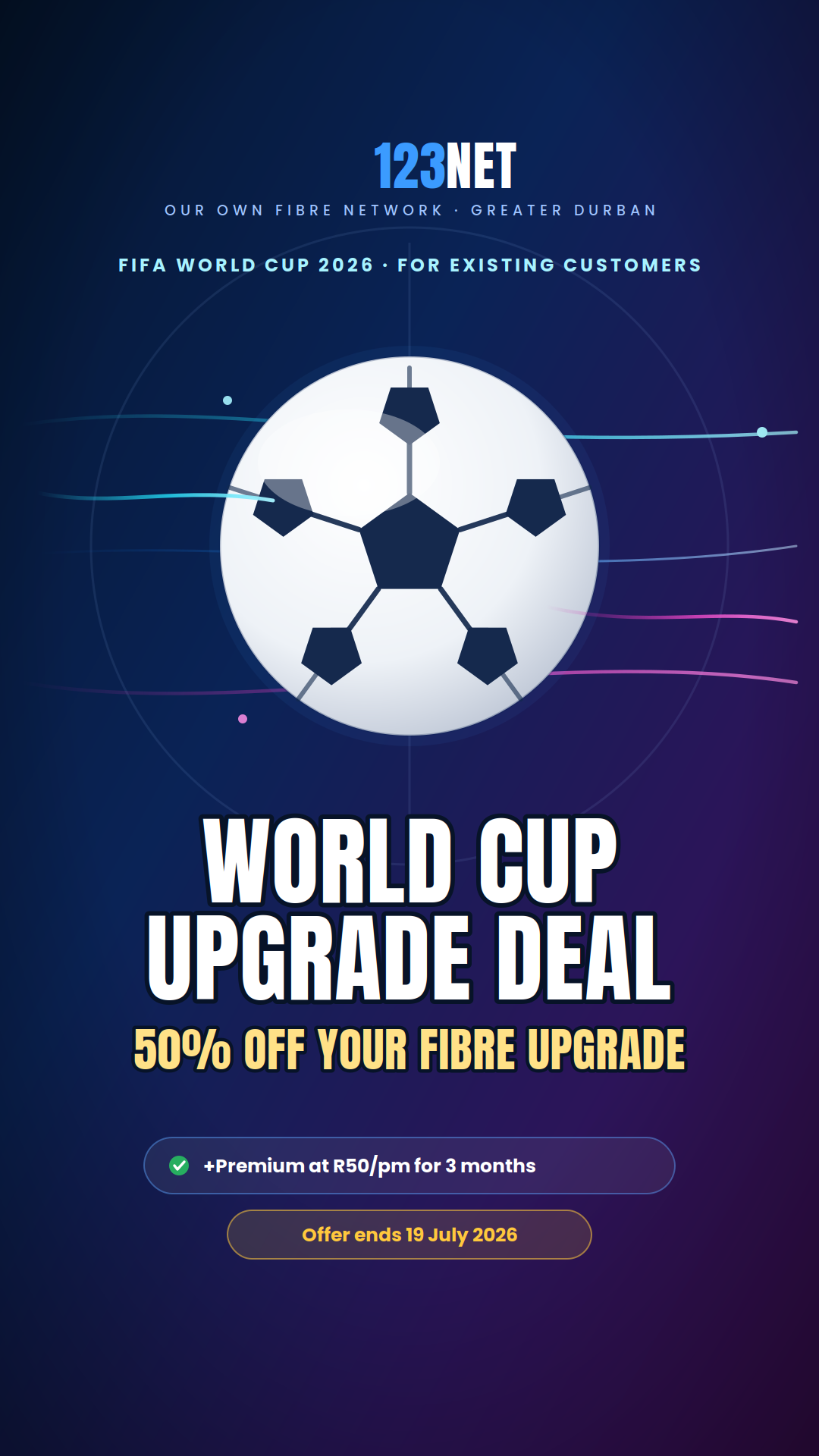 Promotional poster for 123NET offering 50% off fibre upgrade during the World Cup upgrade deal with a blue gradient background and network graphic.